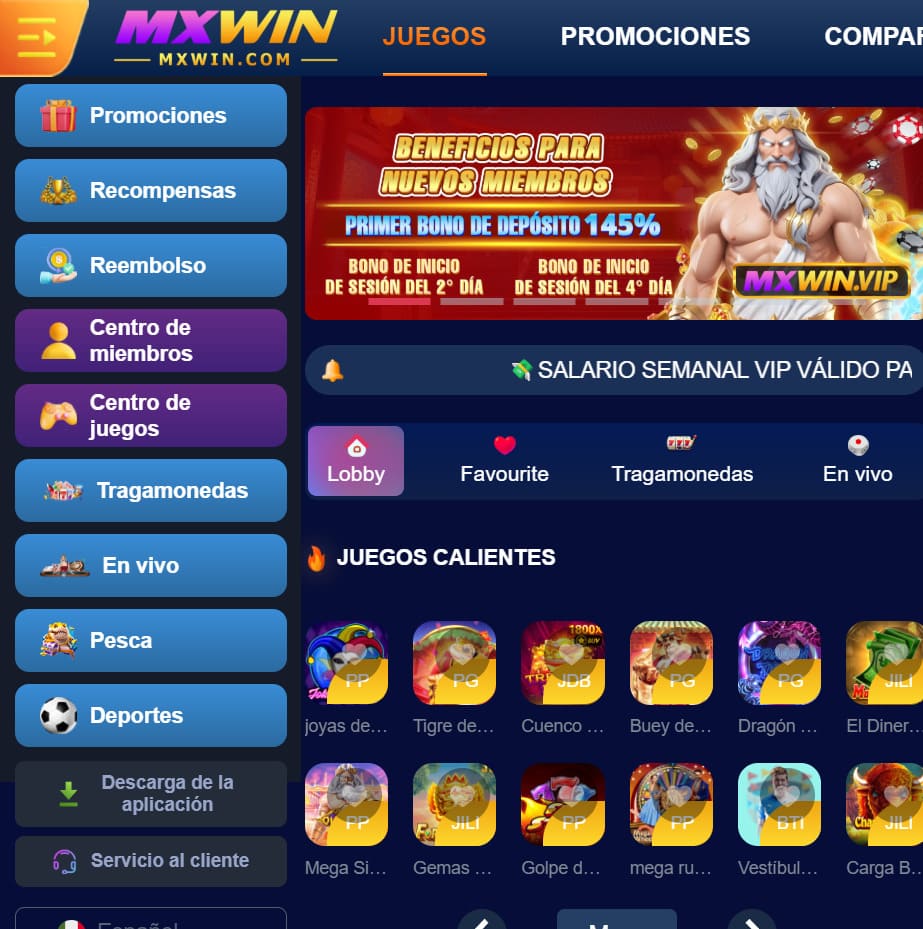 Interfaz móvil de MXWin Casino México